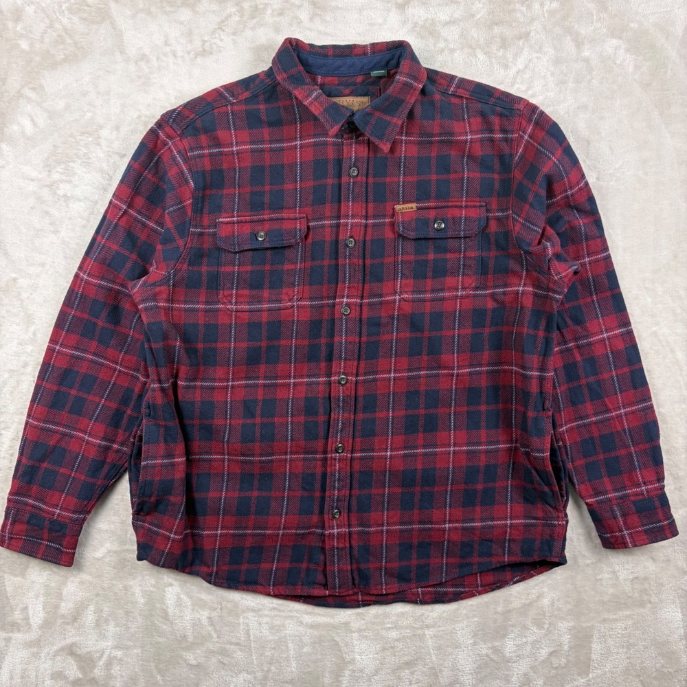 Orvis Big Bear Mens XXL Red Navy Blue Plaid Flannel Shirt Jacket Heavyweight